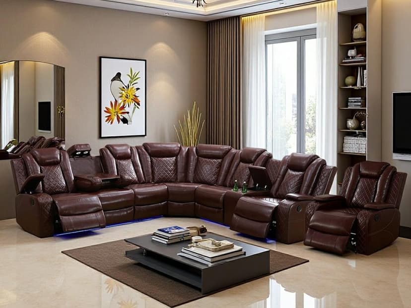 Toseslo Power Reclining Sectional Sofa Set with LED Light,Leather Sectional Couches, Living Room Furniture Sets, Modern Power Recliner Sofa Sets with Cup Holder for Living Room(Brown)