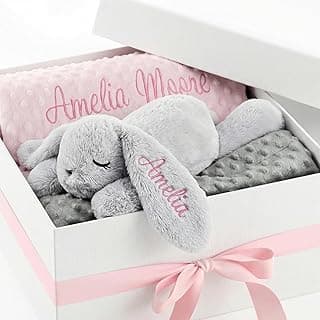 Custom Name Blanket, Personalized 2 in 1 Gift Set for Boy Girl Toddlers, Minky Dot Swaddle, Gift Set for Showering, Birthday Personalized Baby Blanket and Plush Bunny Set, Custom Blankets and Rabbit B0GKPBP9G4