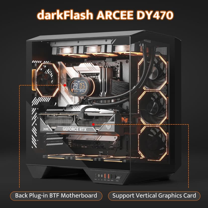 darkFlash Full-Tower ATX Gaming PC Case, Vertical GPU Mounting, Back Plug-in Motherboard, Dual-Chamber, Panoramic Glass, Up to 2 x 360mm Radiators, RTX 40 Compatible(DY470) (1 PWM ARGB Fans, Black)