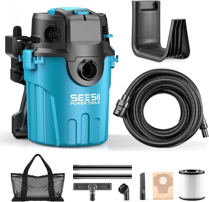 Seesii Garage Vacuum Wall Mounted Shop Vac, 6.6 Gallon 5.5 Peak HP Shop Vacuum Wet and Dry with 30Ft Flexible Hose, Attachments, Storage Bag, Cartridge Filter Ideal for Garage, Car, Workshop, Home