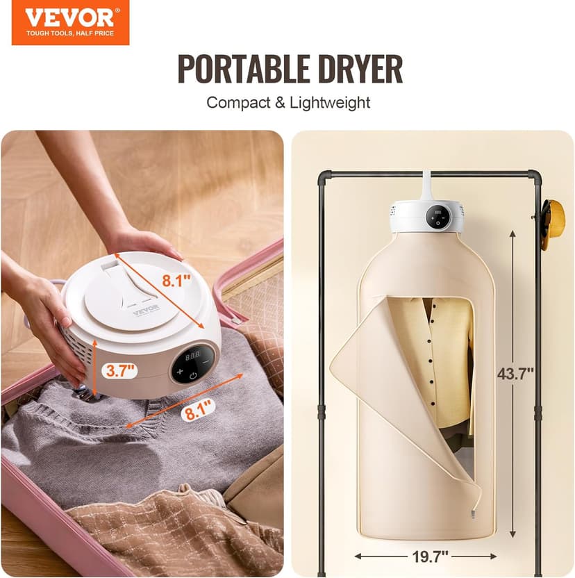 VEVOR Portable Clothes Dryer with Dryer Bag, PTC Heating & LED Display, Foldable Mini Dryer with 5-H Timer for Apartments, Dorms, RVs, or Hotels, 600W, Beige