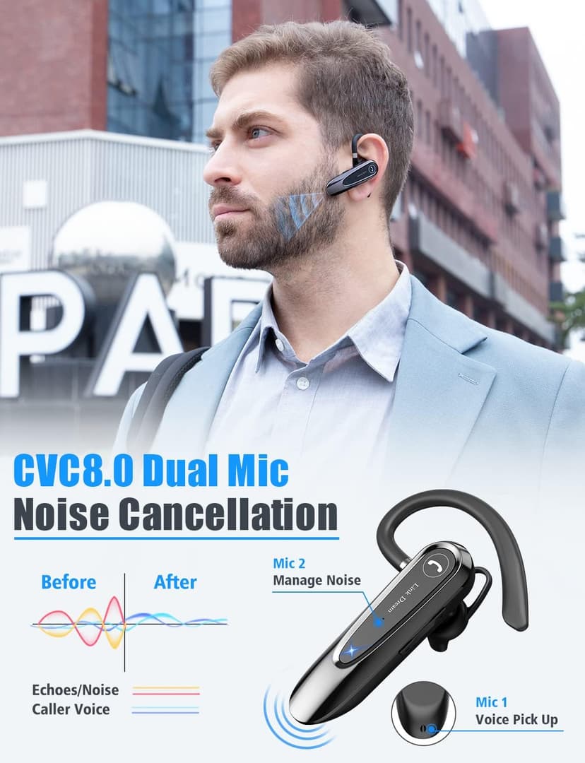 Link Dream Bluetooth Earpiece Wireless CVC8.0 Headset for Cell Phone Dual Mic Noise Canceling Earpiece Phone with Mute Key 20H Talk 180 Days Standby for iPhone Android Home Office Driving (1 Pack)