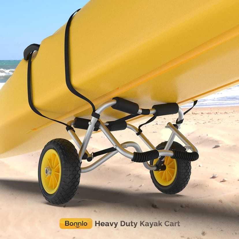 Bonnlo Kayak Cart Canoe Dolly Fishing Kayak Accessories Carrier Foldable Paddle Board Trolley Boat Trailer Transport with NO-Flat Airless Tires Wheels and 2 Ratchet Straps
