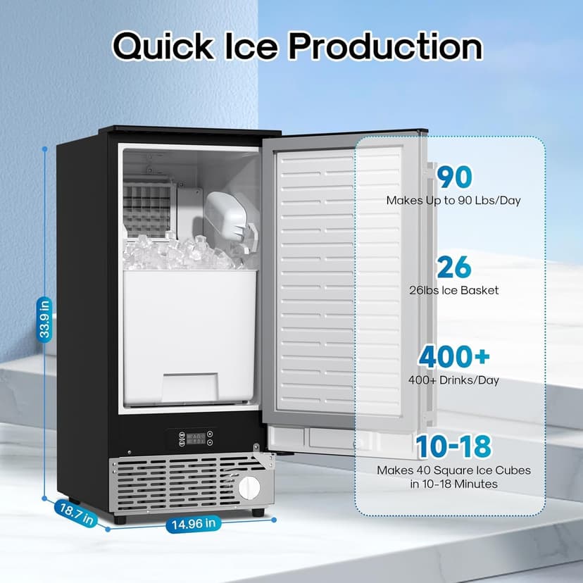 ICEPURE 15“ Under Counter Ice Maker, Built-in/Commercial Ice Machine with Drain Pump, 90 Lbs/24H, Auto-Cleaning, 24H Timer, 26Lbs Storage, Stainless Steel, Perfect for Commercial & Home