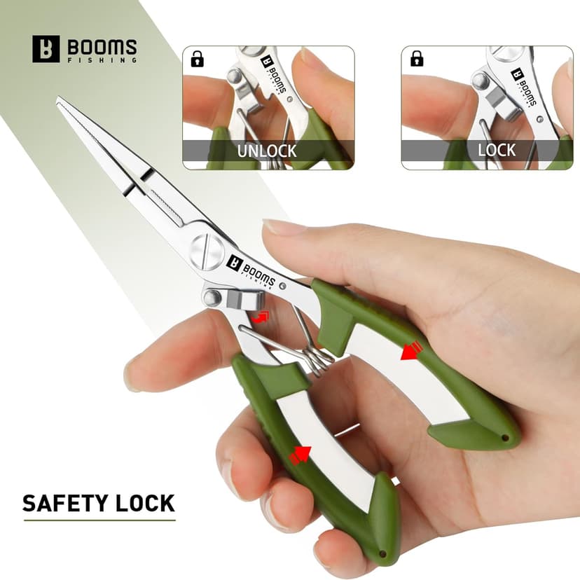 Booms Fishing H01 Small Fishing Pliers Scissors Braid Cutters Lightweight Stainless Steel Fishing Tools Split Ring Pliers Hook Remover, Green