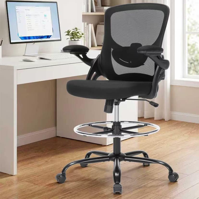 Drafting Chair Ergonomic Comuputer Standing Desk Chair with Flip-Up Arms and Lumbar Support, Tall Office Chair with Adjustable Footrest, Stool Counter Height Office Chairs Black