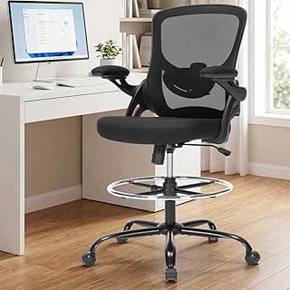 Drafting Chair Ergonomic Comuputer Standing Desk Chair with Flip-Up Arms and Lumbar Support, Tall Office Chair with Adjustable Footrest, Stool Counter Height Office Chairs Black