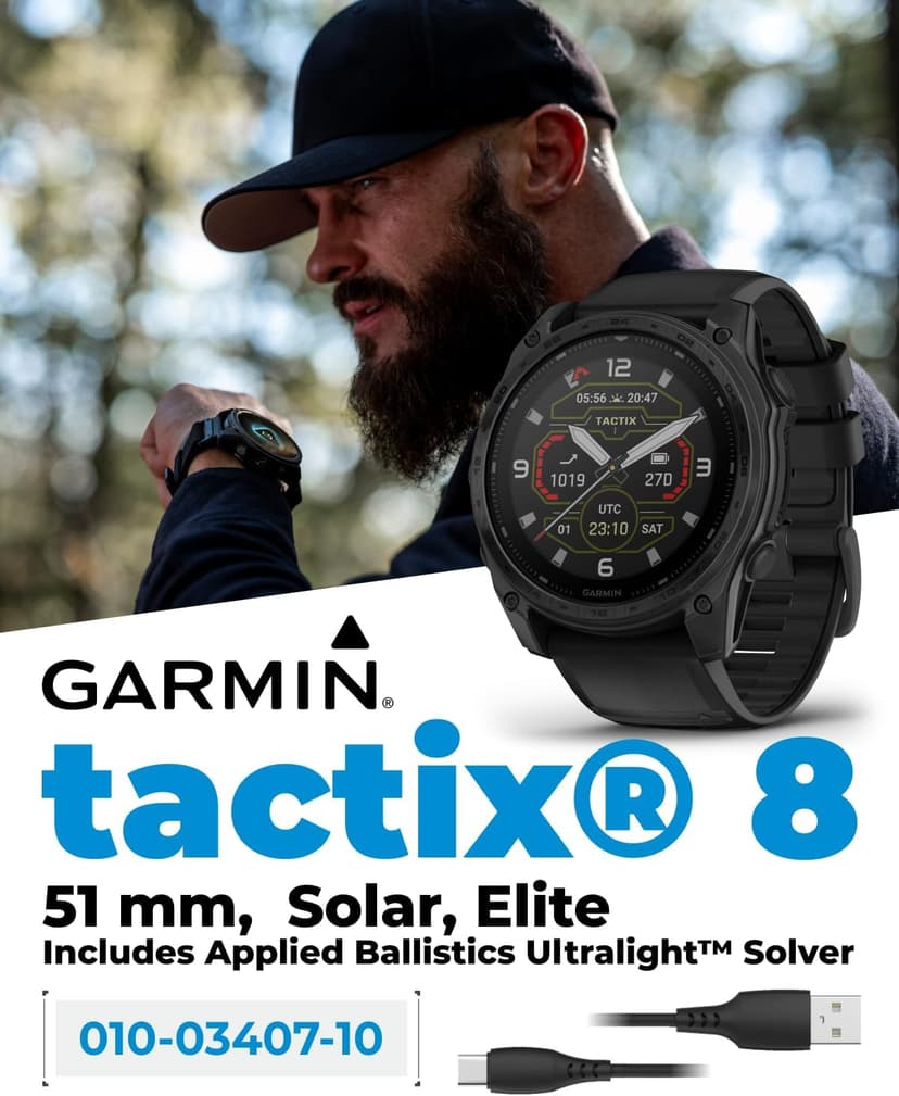 Garmin Tactix 8, 51mm Solar, Elite, Titanium Bezel, Sapphire Lens, Premium Tactical GPS Smartwatch, Includes Applied Ballistics Ultralight Elite Solver, 40M Dive Rating w/Wearable4U PowerBank Bundle