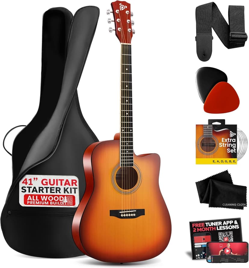 Pyle Steel String Acoustic Guitar Kit, 4/4 Full Size Cutaway All-Wood Guitarra Acustica with Premium Accessory Set and Upgraded Gig Bag, 41" Cherry Burst Glossy