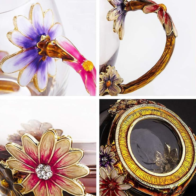 Luka Tech Enamel flower Lead-free Glass Coffee Mugs Tea Cup with Steel Spoon, Best Birthday Gifts For Women Wife Mom Friends Mothers Valentines Day Christmas