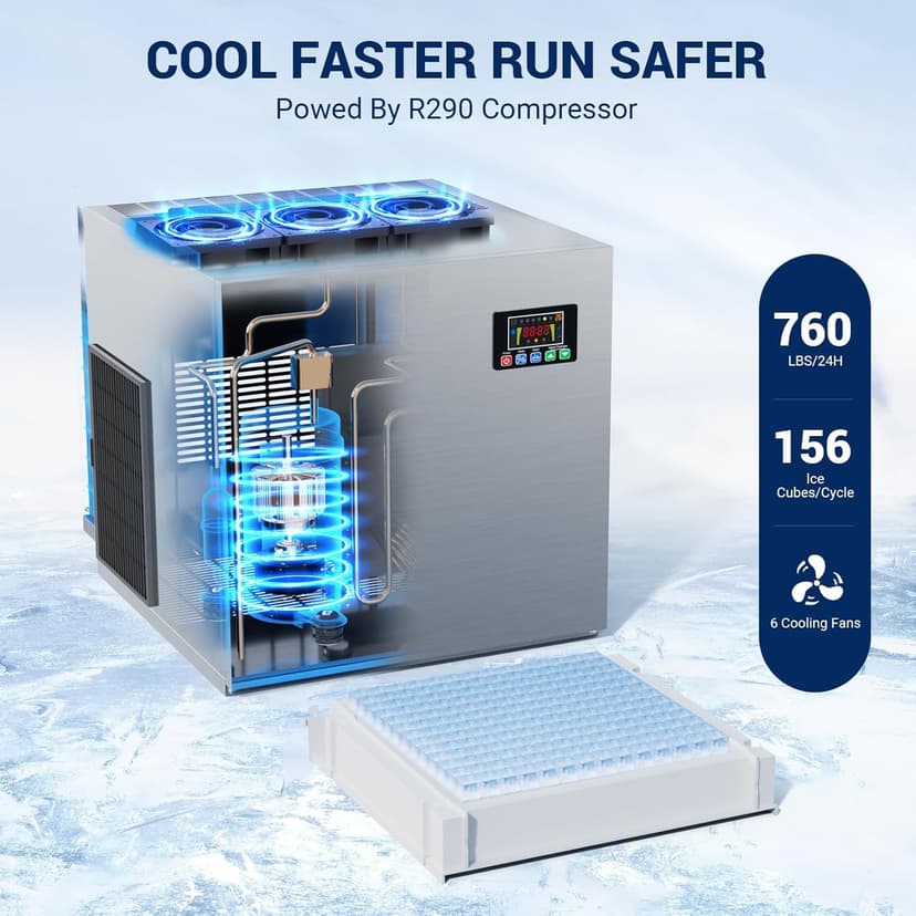 Commercial Ice Maker, 760 LBS/24h with 560 LBS Storage Bin, 156 Ice Cubes Ready in 5-15 min, Self Cleaning Stainless Steel Industrial Ice Machine for Bar Restaurant Cafe