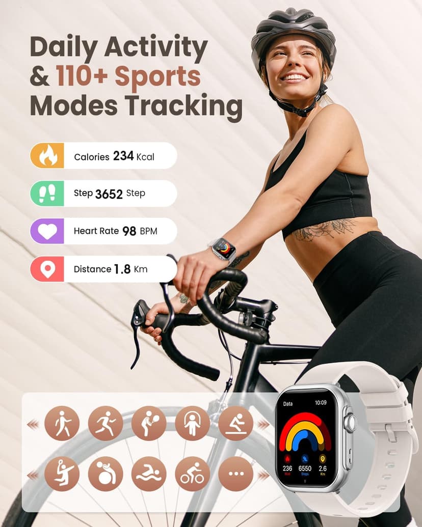 1.83" HD Smart Watch, 30 Days Battery Life, Sleep/Heart Rate/SpO2/Blood Pressure Monitor, Calls/Messages/Notifications, 5ATM 110+ Sports Modes Fitness Tracker Watch, for Women & Men/ Android & iPhone