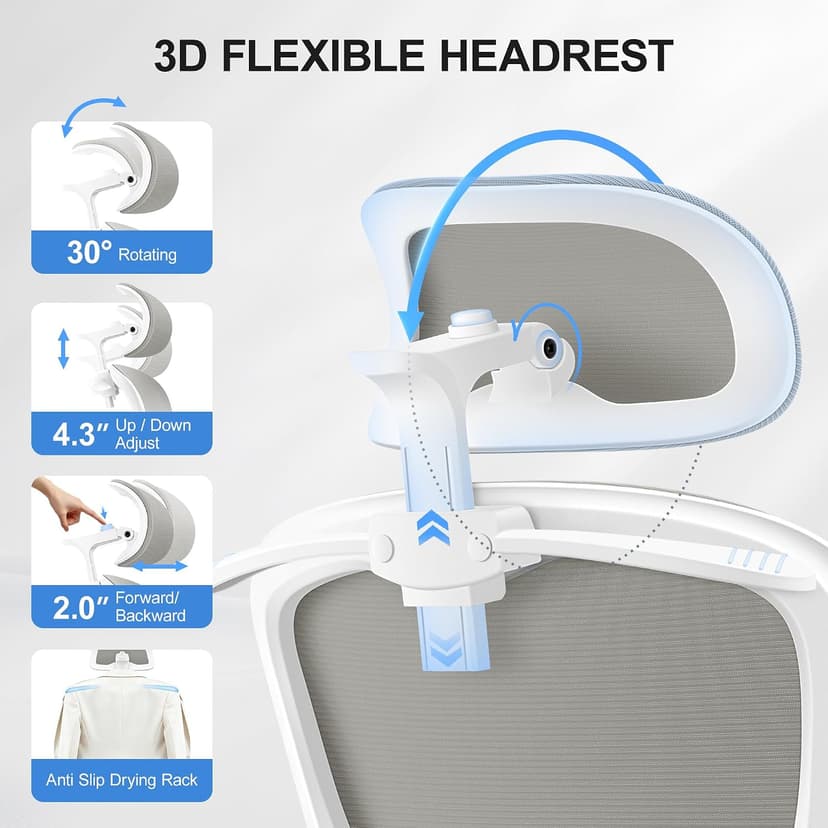 ALLGOD Ergonomic Office Chair, Mesh Desk Chair with Lumbar Support, High Back Home Office Chair with Adjustable Headrest and Flip-Up Arms, Comfortable Computer Chair, Thick Cushion, 300 LBS, LightGray