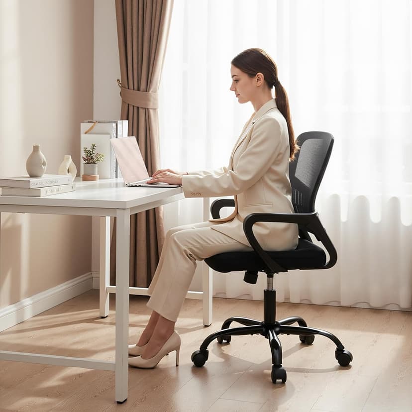 DUMOS Home Office Desk Chair - Ergonomic Mid Back with Lumbar Support & Rocking Mode, Height Adjustable with Fixed Armrest, for Conference, Computer, Meeting Room, 360° Swivel, Adults, Black