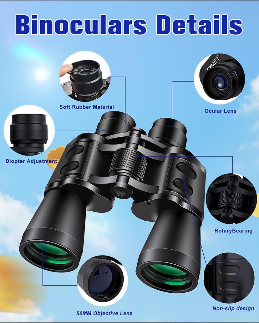 20x50 High Powered Binoculars for Adults, Clear Durable Binoculars for Bird Watching Sightseeing Wildlife Watching Travel Hunting Football Games Stargazing with Carrying Case & Strap