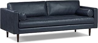 Poly & BARK Napa 88.5" Leather Sofa – Full-Grain Italian-Tanned Aniline Leather, Feather-Down Comfort, Solid Wood Frame, Walnut Legs, Midnight Blue