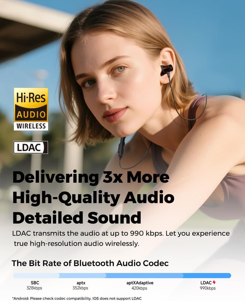 SoundPEATS Q40 HD Sports Neckband Headphones with LDAC Hi-Res Audio & Bluetooth 6.0 Stable Connection, IP67 Waterproof Wireless Earbuds, 20H Playtime for Running Gym, Fast Charge, Dual Pairing