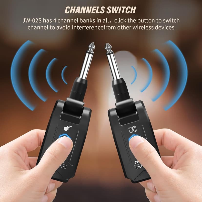 JOYO 5.8GHz Wireless Guitar System Wireless Guitar Transmitter Receiver Rechargeable Audio with 4 Signal Channels for Electric Guitar Bass 20M (JW-02S)