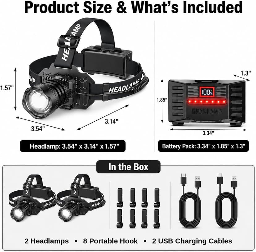 Curtsod Rechargeable LED Headlamp 2-Pack - 99000 Lumens Super Bright with Motion Sensor & 90° Rotation - Waterproof Headlight for Camping, Hiking, Running - 3 Light Modes