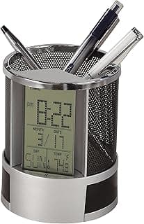Howard Miller Desk Mate Tabletop Clock with Storage Compartment, LCD Display, Pen Holder, Snooze Function, Temperature Display, LED Light Table Clock for Home Office, Desk & Bedroom Use