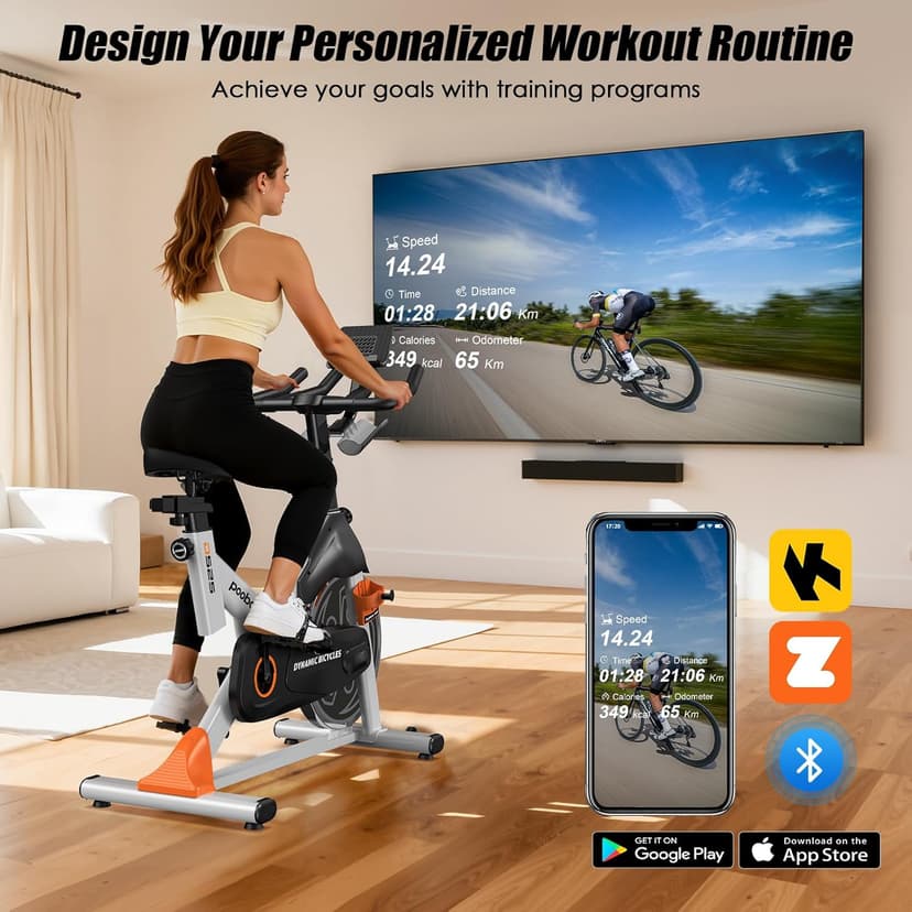 POOBOO Magnetic Exercise Bike, Quiet Stationary Bike with App and 350lbs Weight Capacity, Indoor Cycling Bike with LCD Monitor and Tablet Holder, Heavy Duty Workout Bike for Home Gym Weight Loss Fitness Bike, Adjustable Magnetic Resistance Silent Belt Driver,