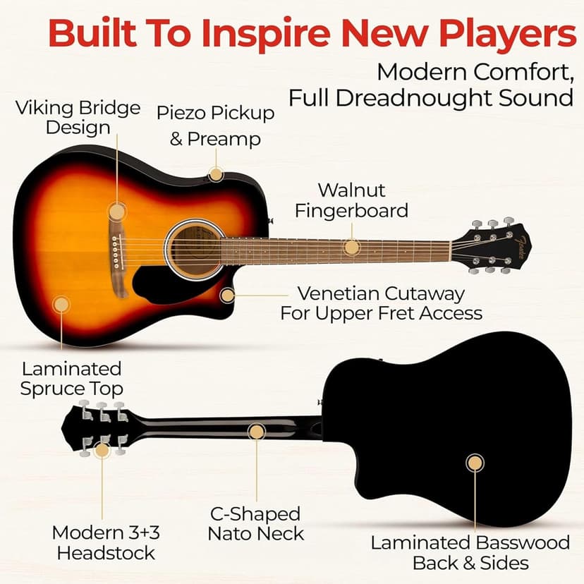 Fender FA-125CE Dreadnought Cutaway Acoustic-Electric Guitar - Sunburst Bundle with Gig Bag, Strap, Strings, Picks, and Austin Bazaar Instructional DVD