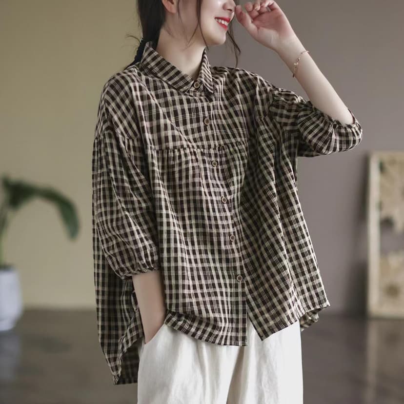 FEUSEUZ Korean Style Summer Shirt Women's Retro Cotton Linen Checkered Shirt Women's Loose Casual Short Sleeved top