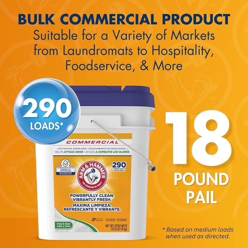Arm & Hammer Powder Laundry Detergent, Professional Soap for Washing Clothes, 290 Loads, Free and Clear, Bulk 18lb Pail