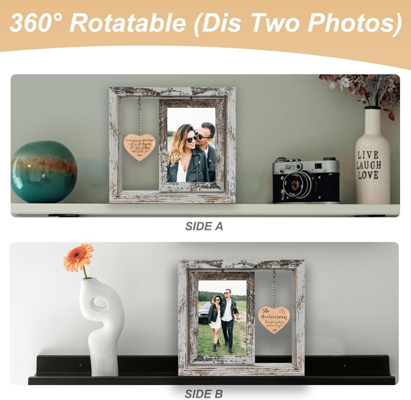 5 Year Anniversary Rotating Picture Frame for Her, Wood 5th Wedding Anniversary Photo Frame gifts for Wife Husband Him Couple, Display 2 6x4