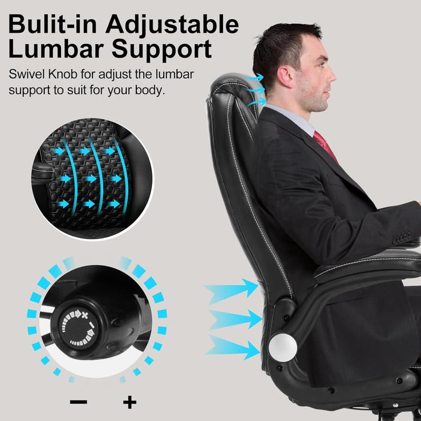 Big and Tall Ergonomic Office Chair, Executive Office Chair with Flip-up Arms, PU Leather Computer Desk Chair, Adjustable Lumbar Support Heavy Duty Space Saving Swivel Chair