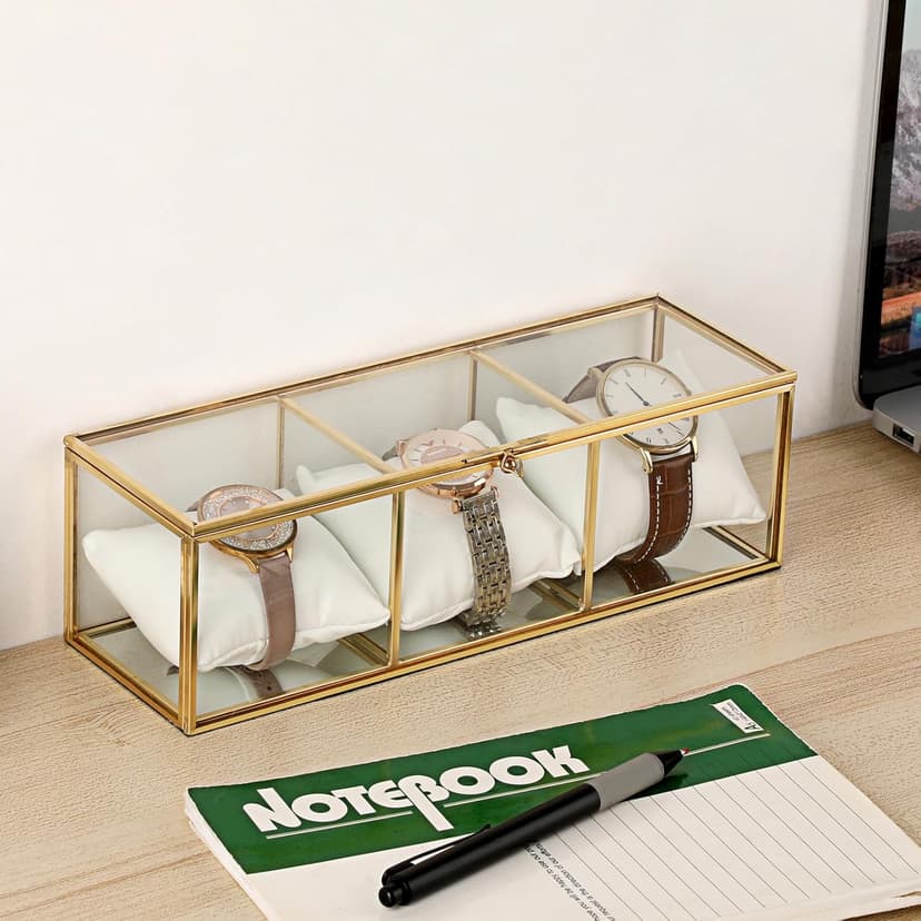 JUXYES JUXYES Clear Glass Watch Display Case with 3 Slots, Luxury Brass Glass Watch Organizer Holder Stand with White Watch Pillow, Modern Transparent Watch Collection Box for Men and Women, Gold
