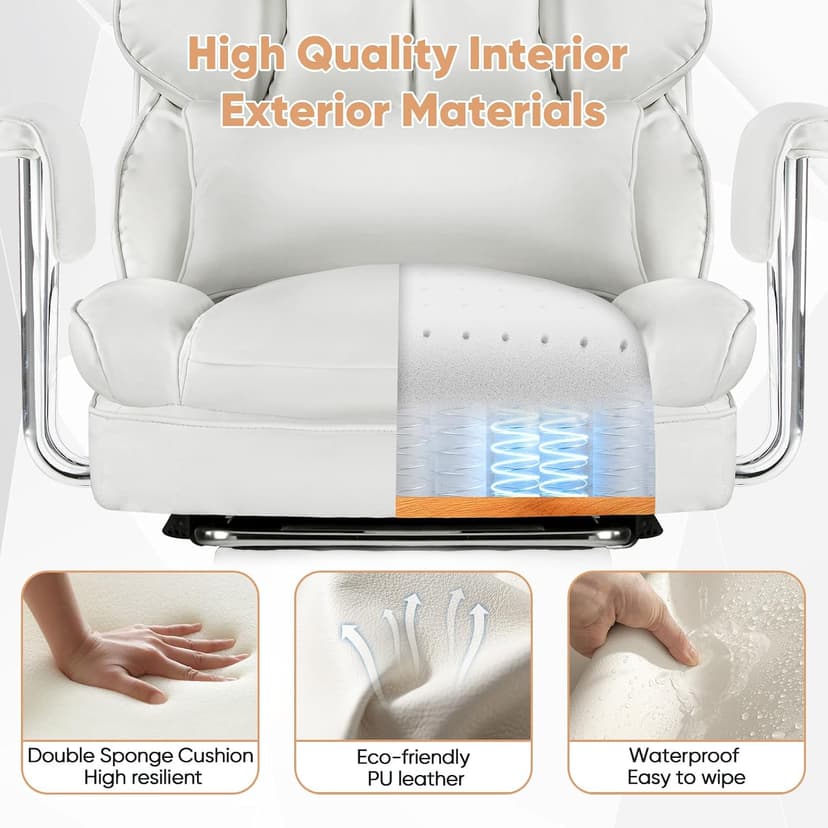 Sweetcrispy Executive Home Office Desk Chair - Ergonomic Big Tall High Back with Footrest & Lumbar Support, Reclining Height Adjustable, Comfy PU Leather Computer Gaming with Swivel Wheels, White