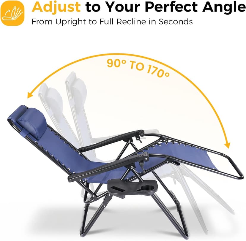 NEWBULIG Zero Gravity Chair Set of 2, Lounge Chair Folding Portable Adjustable Camping Reclining Chairs with Adjustable Pollow, Mesh Back, Cup Holder Trays Lawn Patio Chair for Pool Beach - Blue