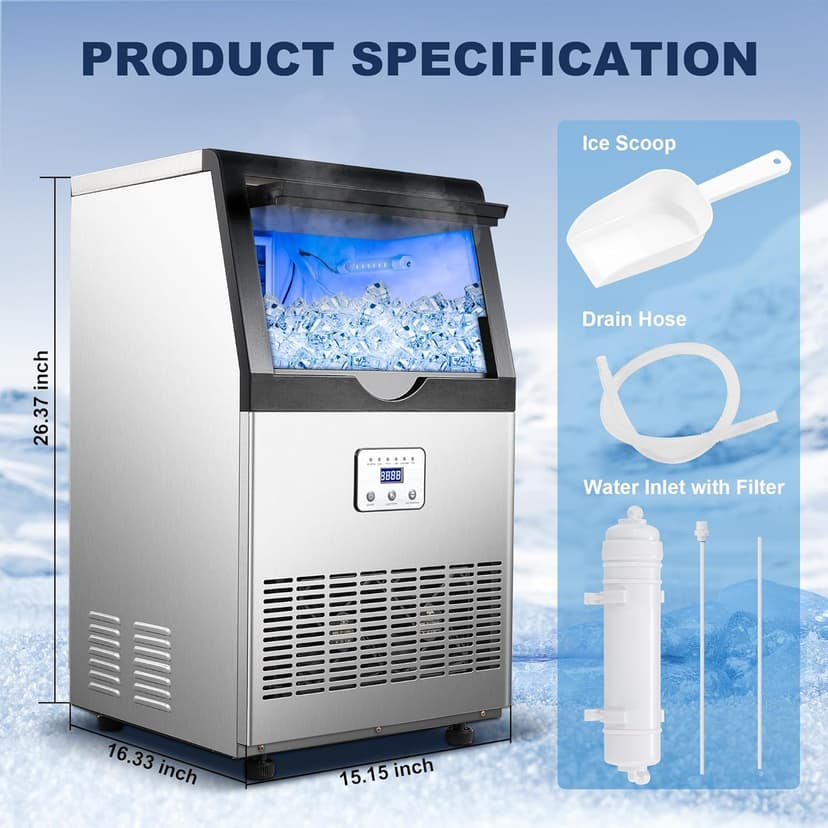 90LBS/24H Commercial Ice Maker Machine, Undercounter or Freestanding Stainless Steel Ice Machine with 25LBS Storage, 32 Cubes/Cycle, Self-Cleaning & Quiet Operation for Home, Bar, Restaurant
