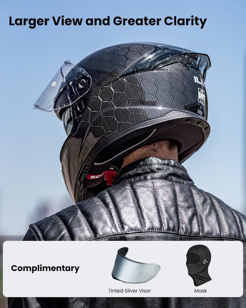 ILM Carbon Fiber Motorcycle Helmets Lightweight Full Face Dual Visor Helmet with Rear Wing Pinlock Compatible Motorbike Street Bike DOT ECE Men Women Model 861C (Snake-Effect CarbonFiber, M)