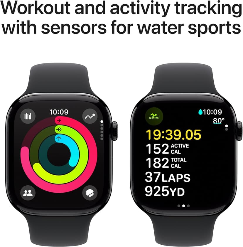 Apple Watch Series 10 [GPS 46mm case] Smartwatch with Jet Black Aluminum Case with Black Sport Band - M/L. Fitness Tracker, ECG App, Always-On Retina Display, Water Resistant