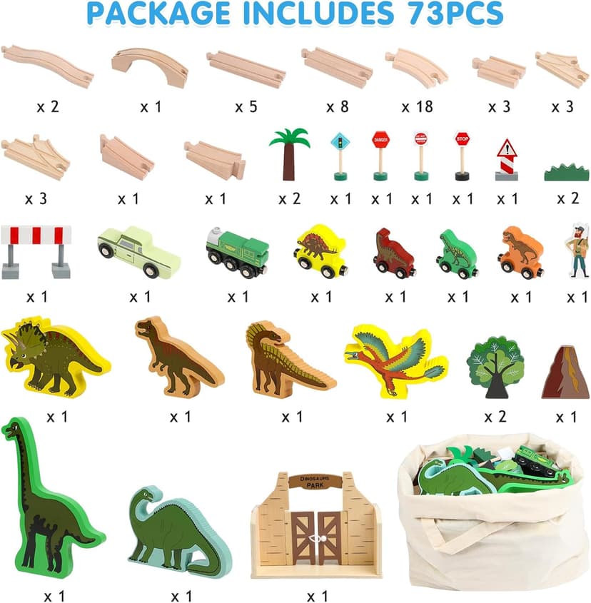Wooden Train Set, Dinosaur Toys for Kids 3-5, Compatible with Major Brands, STEM Railway Playset, Ideal Wooden Train Track Set for 3 4 5 6 7 8 Year Old Kids Boy Girl