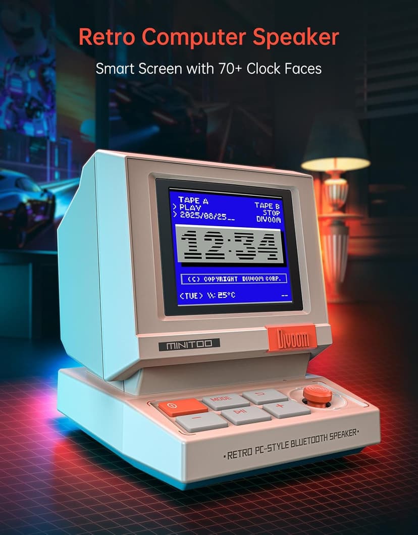 Bluetooth & USB Audio, Alarm/White Noise Clock, Desk Setup Gifts for Gaming Divoom MiniToo Retro PC-Style Computer Speaker, Pixel Screen with DIY Faces B0FRF3XGQ4
