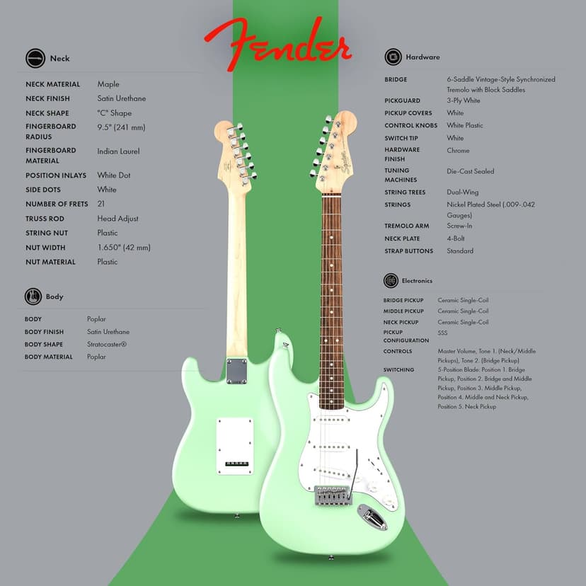 Fender Squier Stratocaster Electric Guitar - Surf Green Bundle with Amplifier, Gig Bag, Cable, Strap, Picks, and Austin Bazaar Instructional Video