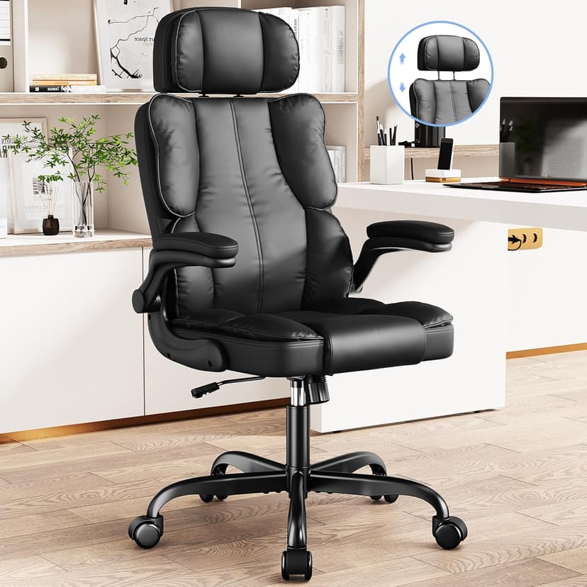 Kensaker Executive Leather Office Chair, Computer Chair with Thick Cushion & Lumbar Support, Ergonomic Desk Chair with Adjustable Headrest & Armrests,Black