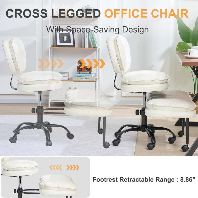 Cross Legged Office Chair – 360° Swivel ADHD Chair for Adults, Ergonomic Meditation seat with Wheels & Retractable Footrest, Height Adjustable Seat for Yoga Gaming Home Office – White