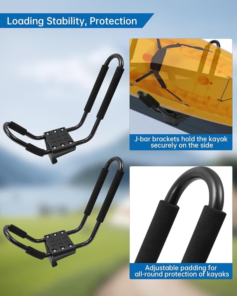 Kayak Roof Racks for 2 Kayaks Compatible with Cybertruck - Heavy Duty Kayak Rack Include Two Sets of Straps for Cars, Easy to Mount J-Bar Style Carriers for Canoes Kayaks Paddle Boards and Surfski