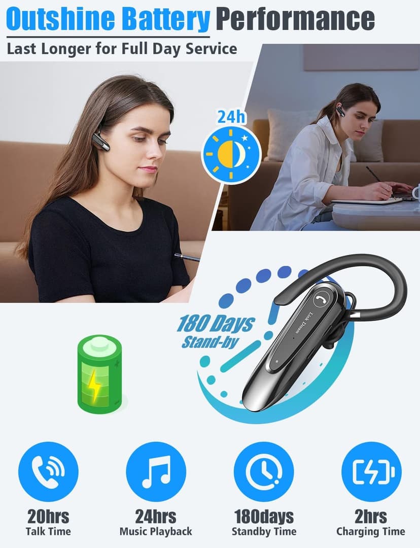 Link Dream Bluetooth Earpiece Wireless CVC8.0 Headset for Cell Phone Dual Mic Noise Canceling Earpiece Phone with Mute Key 20H Talk 180 Days Standby for iPhone Android Home Office Driving (1 Pack)