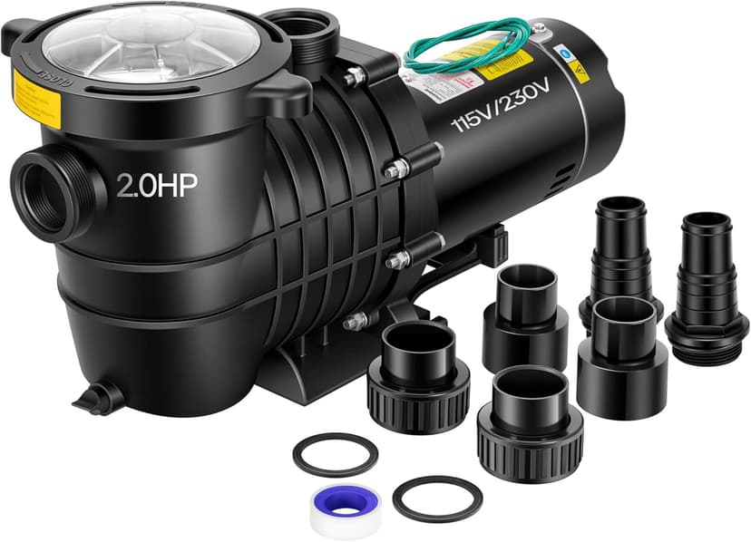 VIVOHOME 2.0HP Pool Pump - 115V/230V Self-Priming Motor - In/Above Ground - 6800GPH Energy Efficient - 1.5", 2", and 1.25"-1.5" Connectors w/Strainer Basket