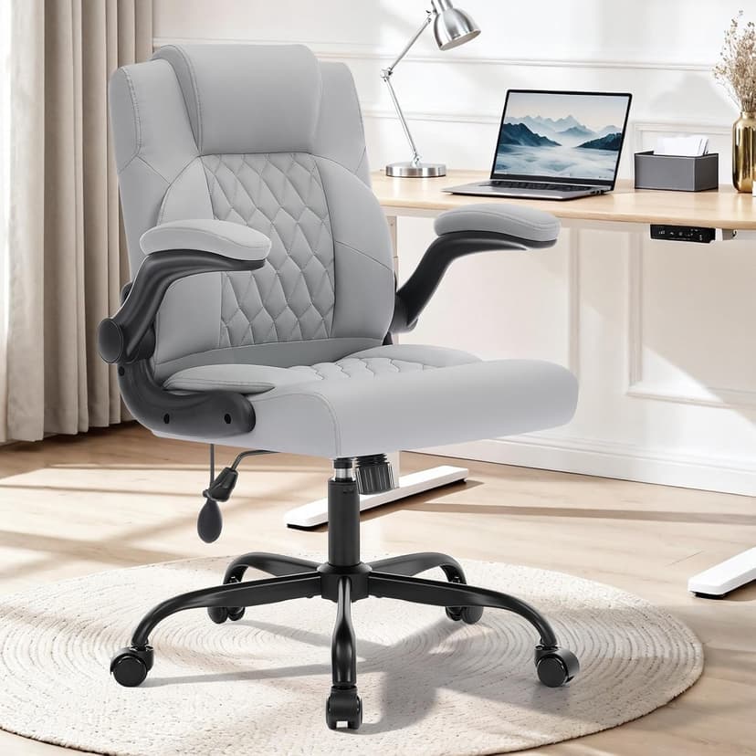 Office Chair with Adjustable Inflatable Lumbar Support,Leather Ergonomic Computer Desk Chair with Flip-up Arms,Adjustable Tilt Lock,Swivel Rolling Executive PC Chair for Work,Study,Meeting.Grey