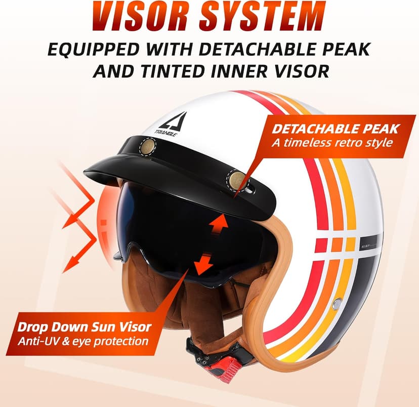 TRIANGLE 3/4 Motorcycle Helmet,Retro Open Face Adults Helmets with Visor,Half Face Moped Helmet for Men & Women,DOT Approved Helmets for Cruiser Scooter(XXL)