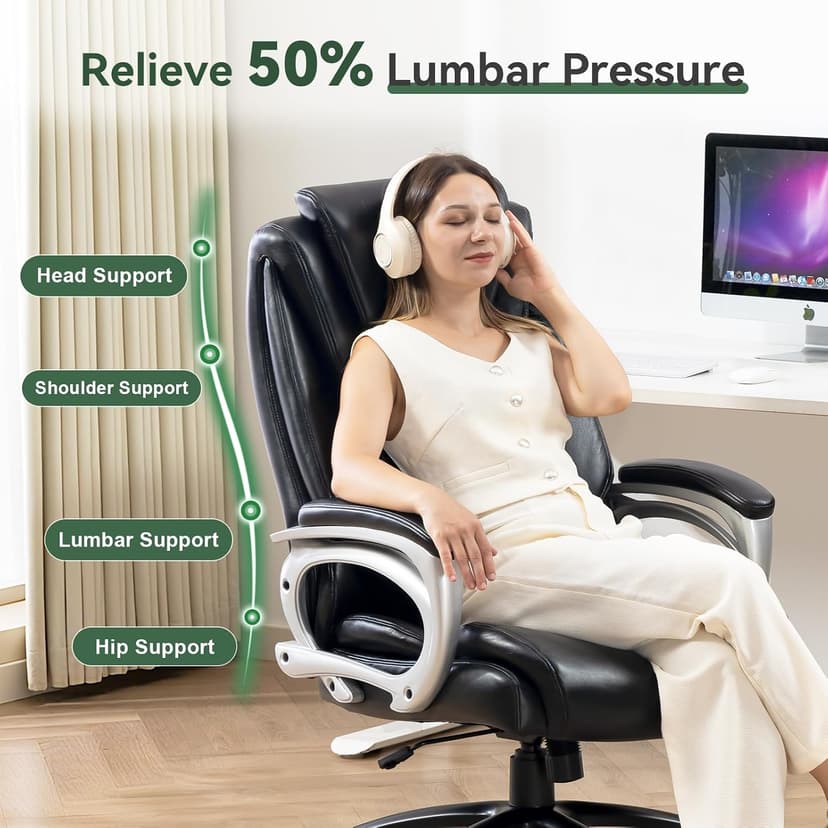 Vogue Furniture Direct Big and Tall Office Chair 500lbs, Heavy Duty High Back PU Leather Desk Chair, Adjustable Height Rolling Wheels Computer Chair for Home Office Work (Black)