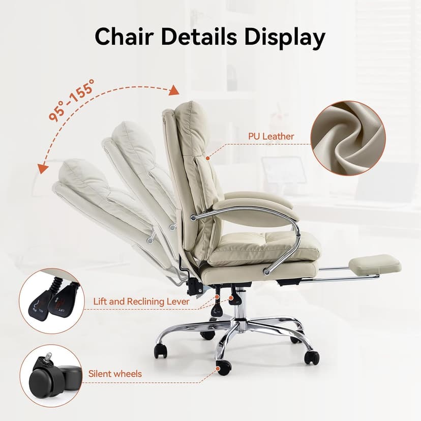 LEAGOO Office Chair with Foot Rest, Ergonomic Executive Office Chair with Arms, Reclining High Back PU Leather Comfy Swivel Computer Desk Chairs with Wheels and Lumbar Support for Home Office, Cream