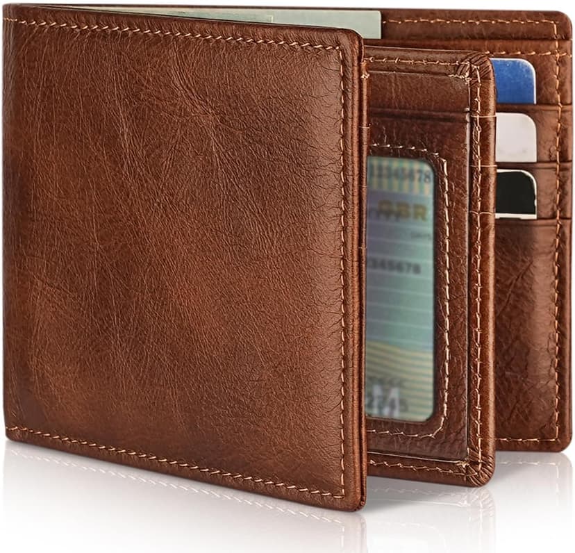 Artpaxy Mens Wallet Genuine Leather Bifold RFID Blocking Wallet for Men with 1 ID Window 13 Card Holders 2 cash pockets 1 Gift Box