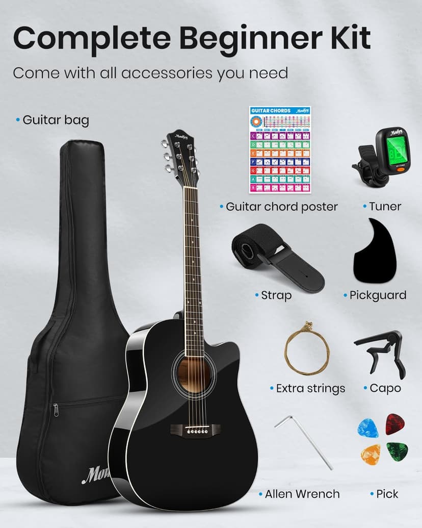 Moukey 41" Acoustic Guitar for Beginners Adult Teen Full Size Guitarra Acustica with Chord Poster, Gig Bag, Tuner,Steel Strings, Capo, Strap - Black